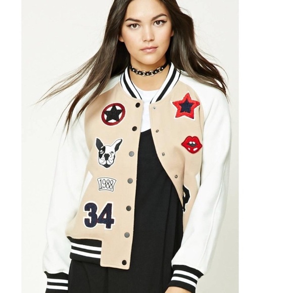 Forever 21 Tan and White Varsity Jacket with Decorative Patches - Picture 1 of 4